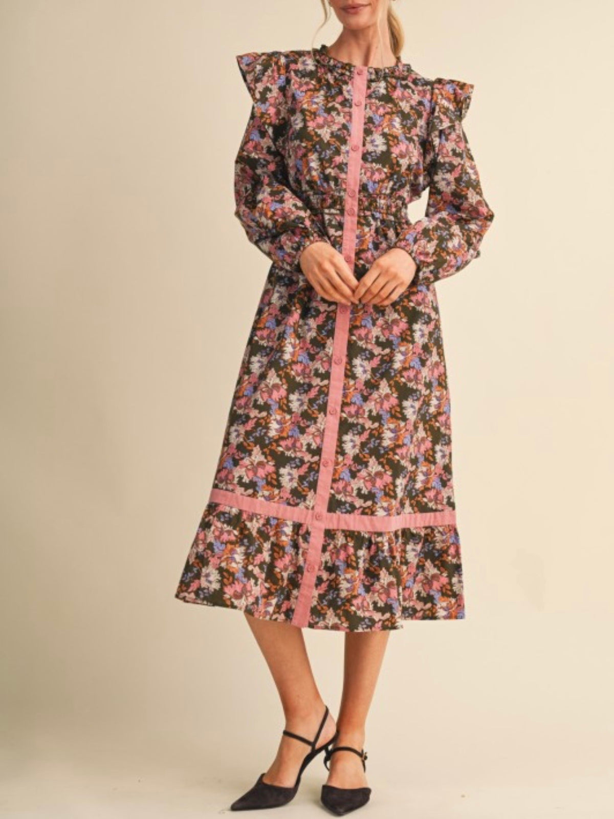 Floral Ruffle Midi Dress with Pink Trim