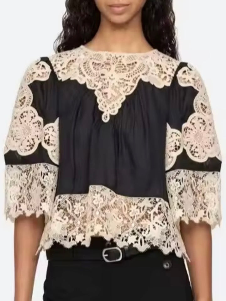 Black and beige lace and ruffled top