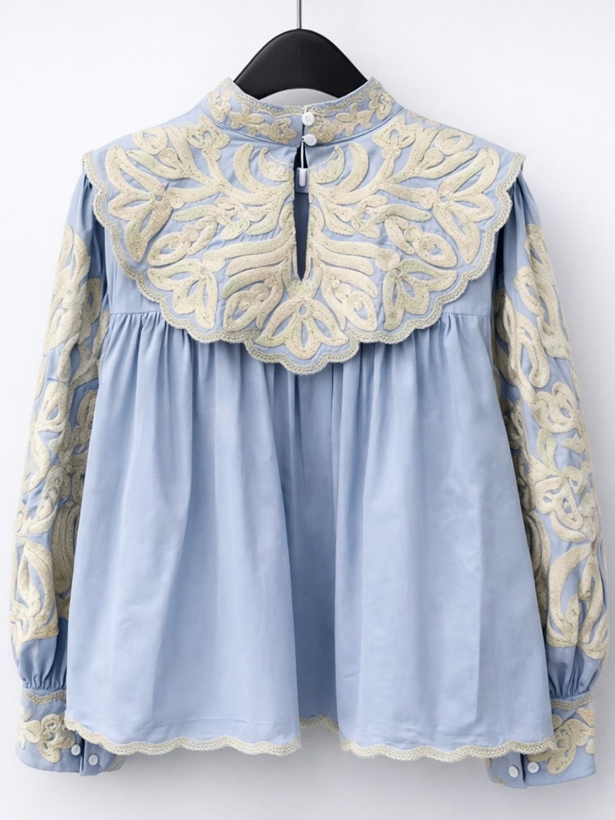 Light blue white big neckline bomber shirt