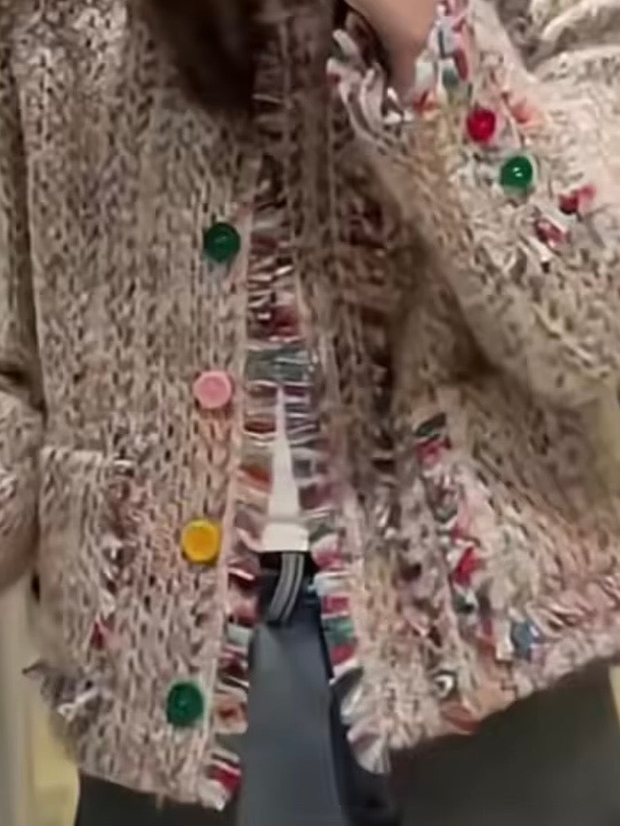 Beige colored buttons crop top tweed jacket