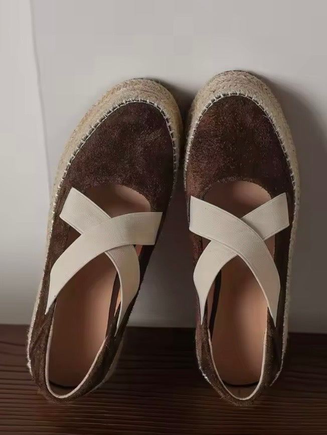 Brown suede and beige crossed straps slip on espadrilles platform