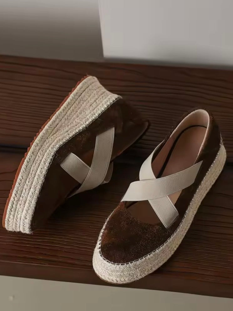 Brown suede and beige crossed straps slip on espadrilles platform
