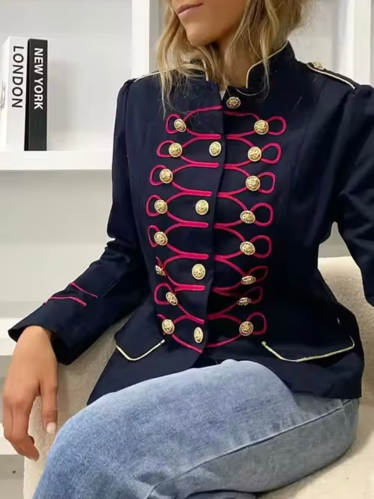 Navy blue and red military style jacket lace details