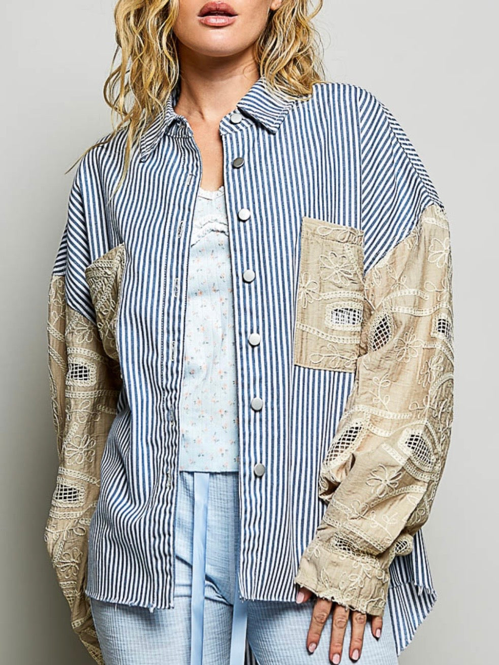 Blue striped mix fabrics shacket - shirt lace details