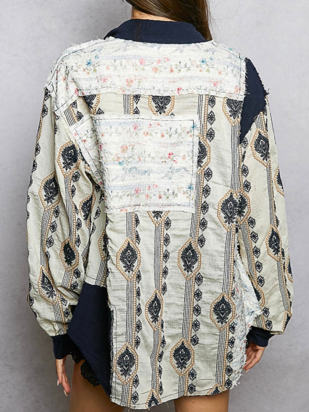 Beige and navy blue mix fabrics shacket - shirt lace details