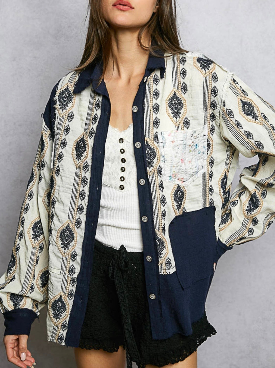 Beige and navy blue mix fabrics shacket - shirt lace details