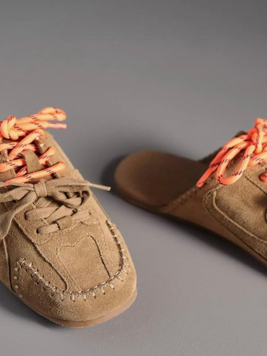 Beige and brown flats slides