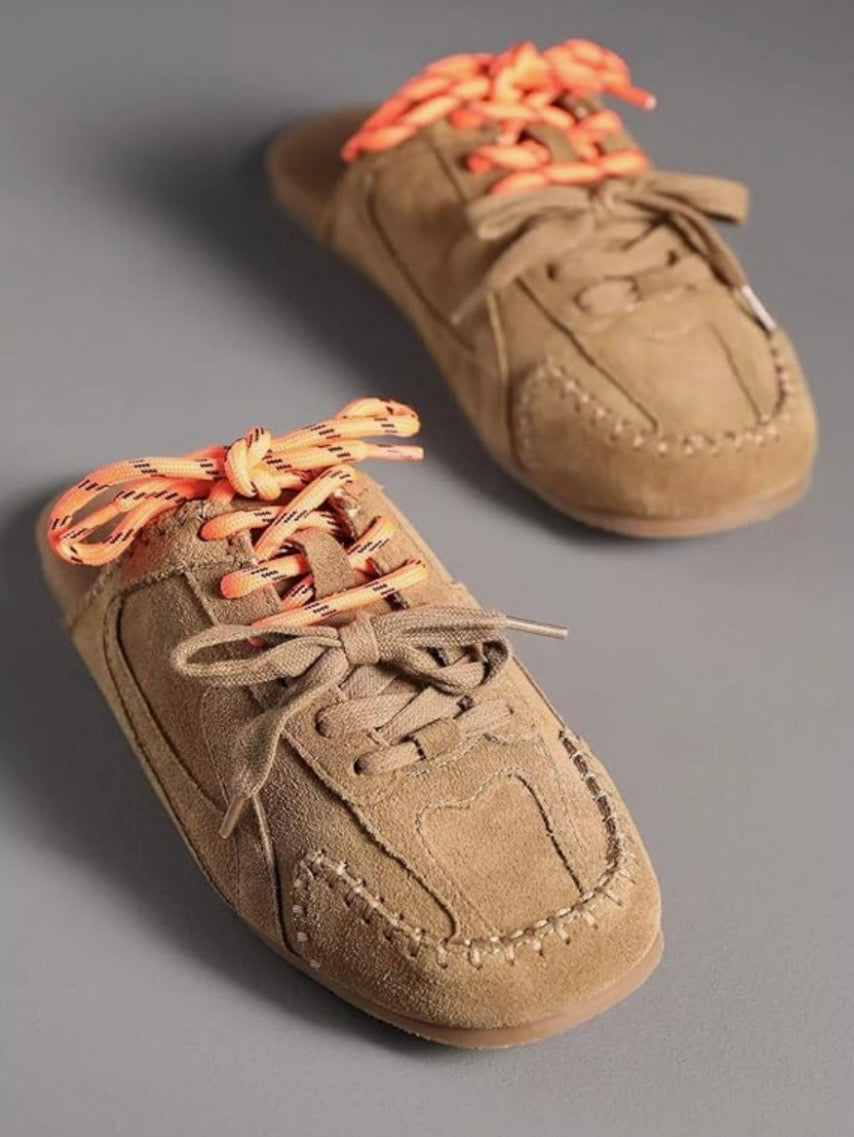 Beige and brown flats slides