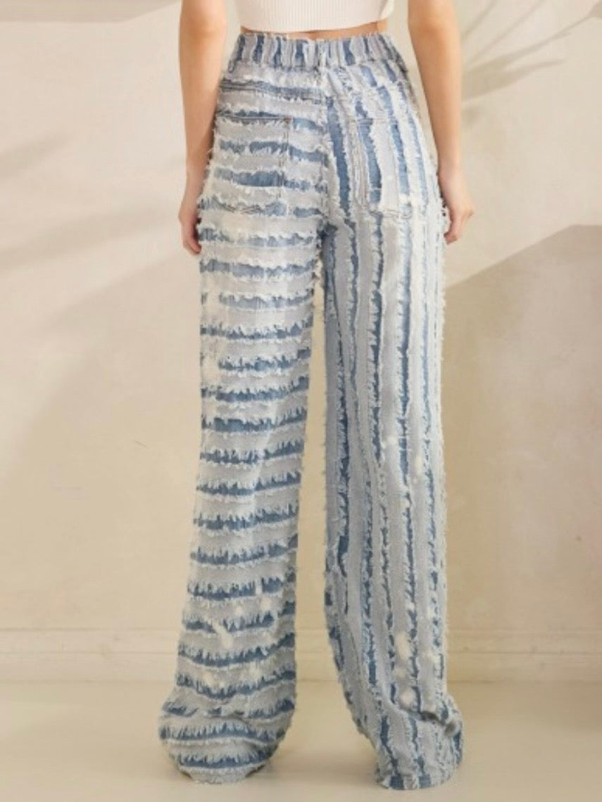 Blue frayed panelled wide leg jeans pants