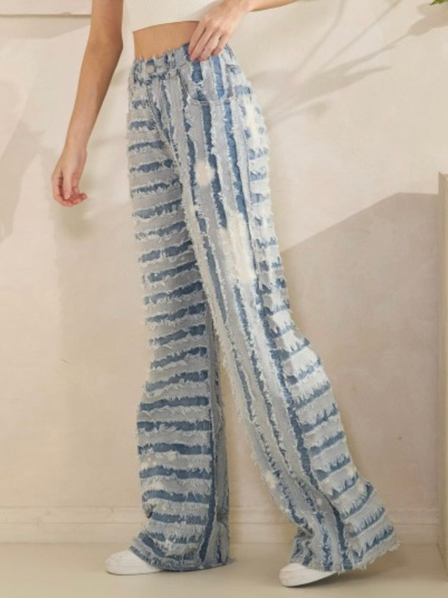 Blue frayed panelled wide leg jeans pants