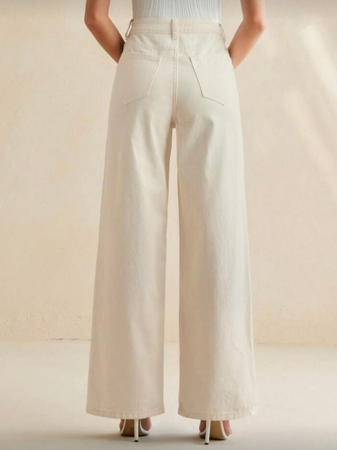 Beige floral cutout wide leg jeans pants