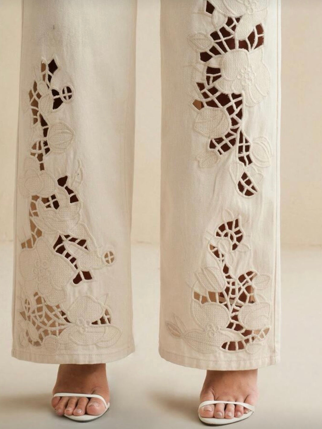 Beige floral cutout wide leg jeans pants