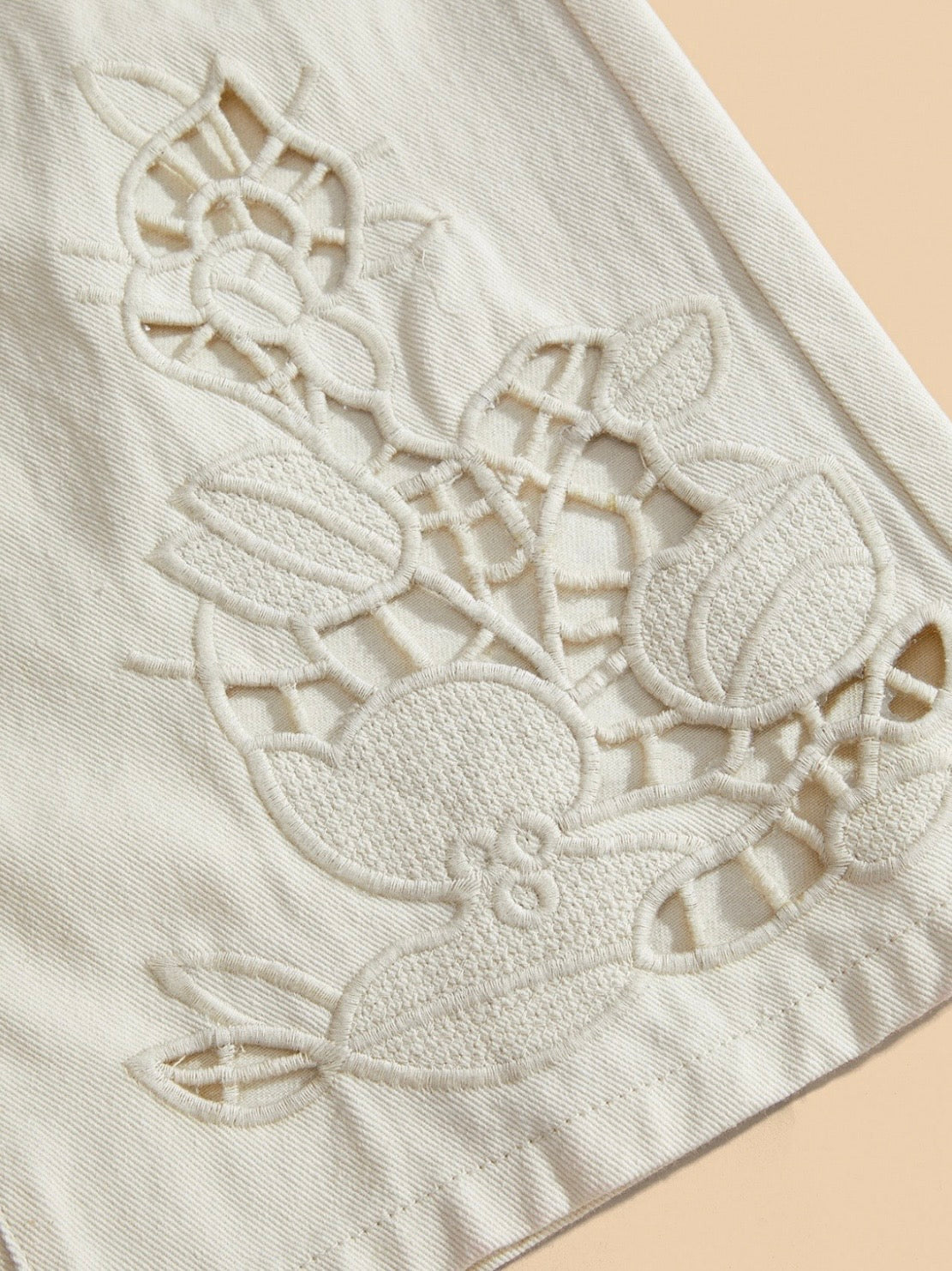 Beige floral cutout wide leg jeans pants