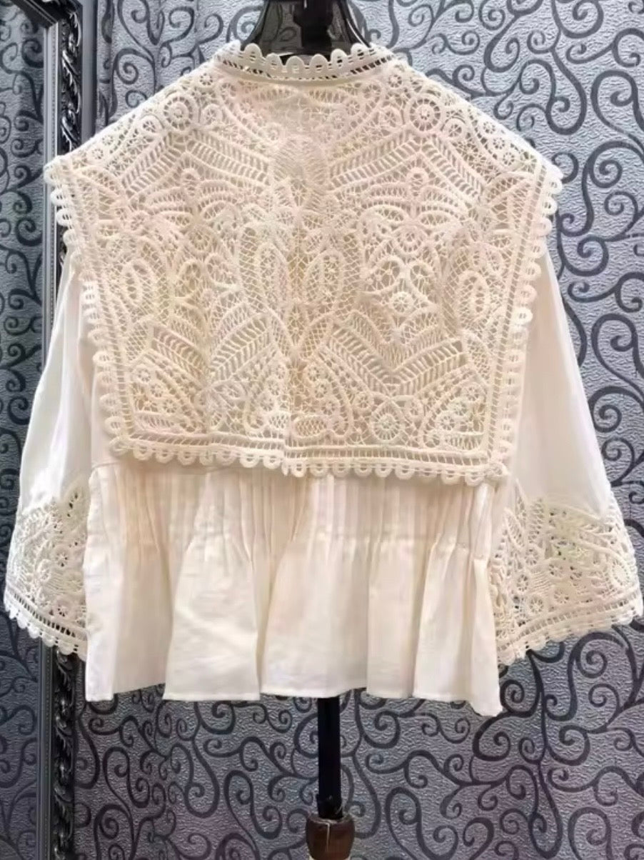 Beige big neck crochet floral lace shirt