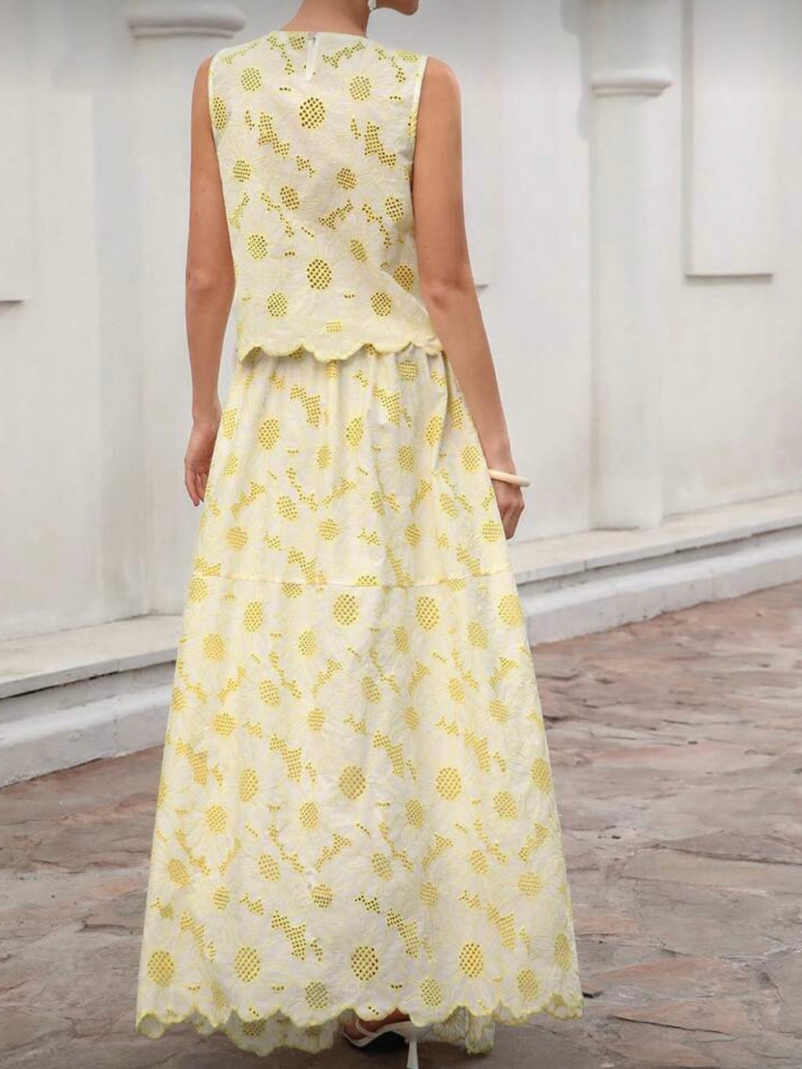 Yellow and white eyelet Lace 2-Piece Set – Top & Maxi Skirt