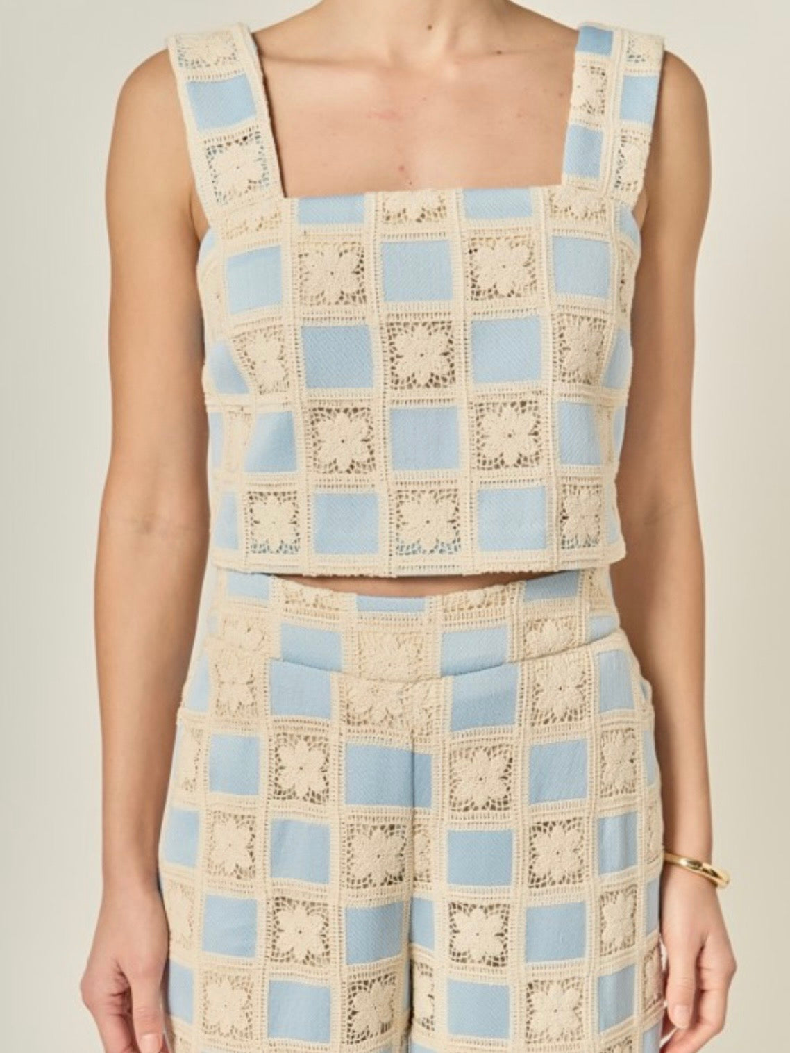 Beige and blue crochet fabric set of 2 shirt and pants