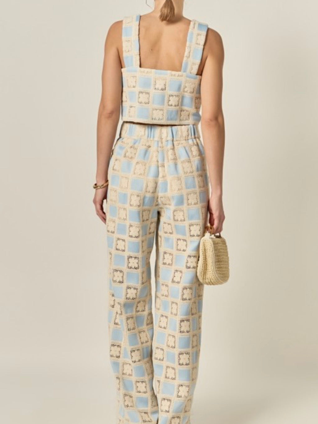 Beige and blue crochet fabric set of 2 shirt and pants