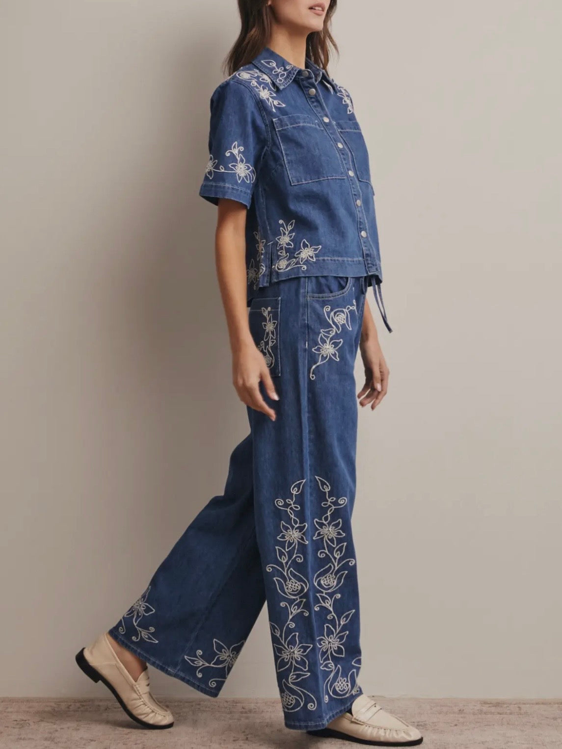 Blue wide embroidered leg jeans set top and pants