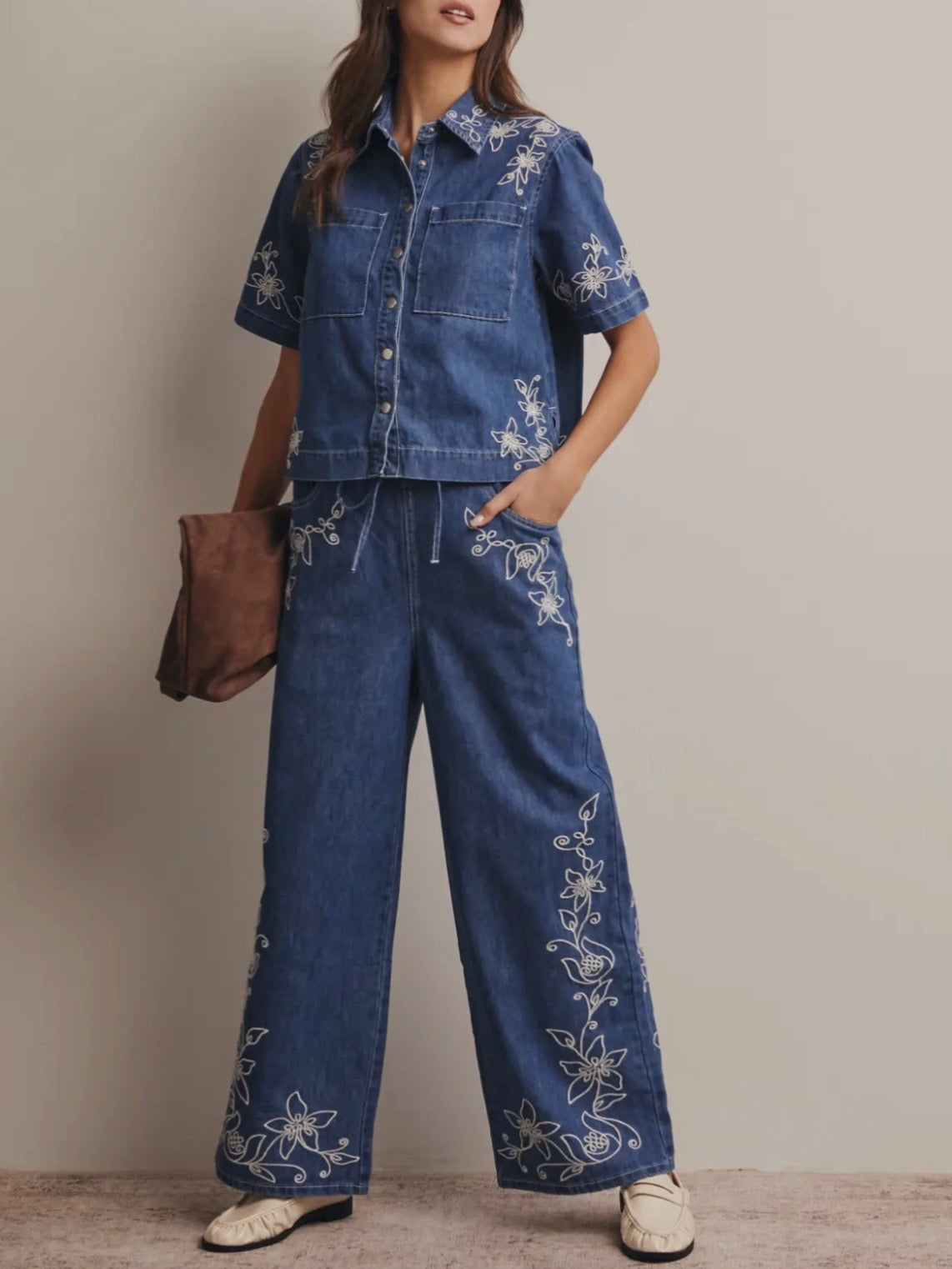 Blue wide embroidered leg jeans set top and pants