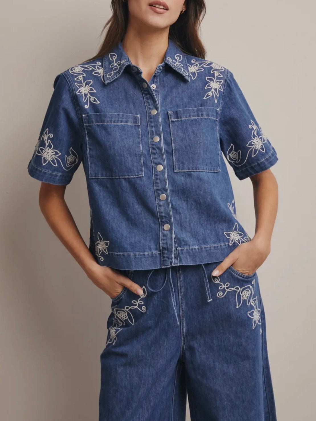 Blue wide embroidered leg jeans set top and pants