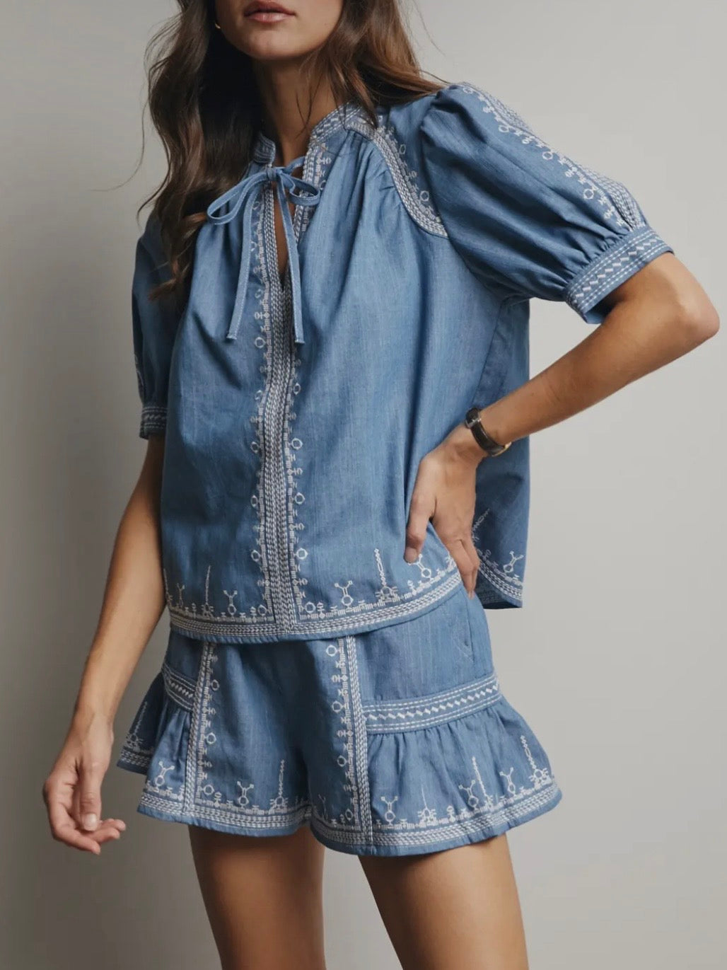 Denim Embroidered Blouse With Bead Detail set shorts pants