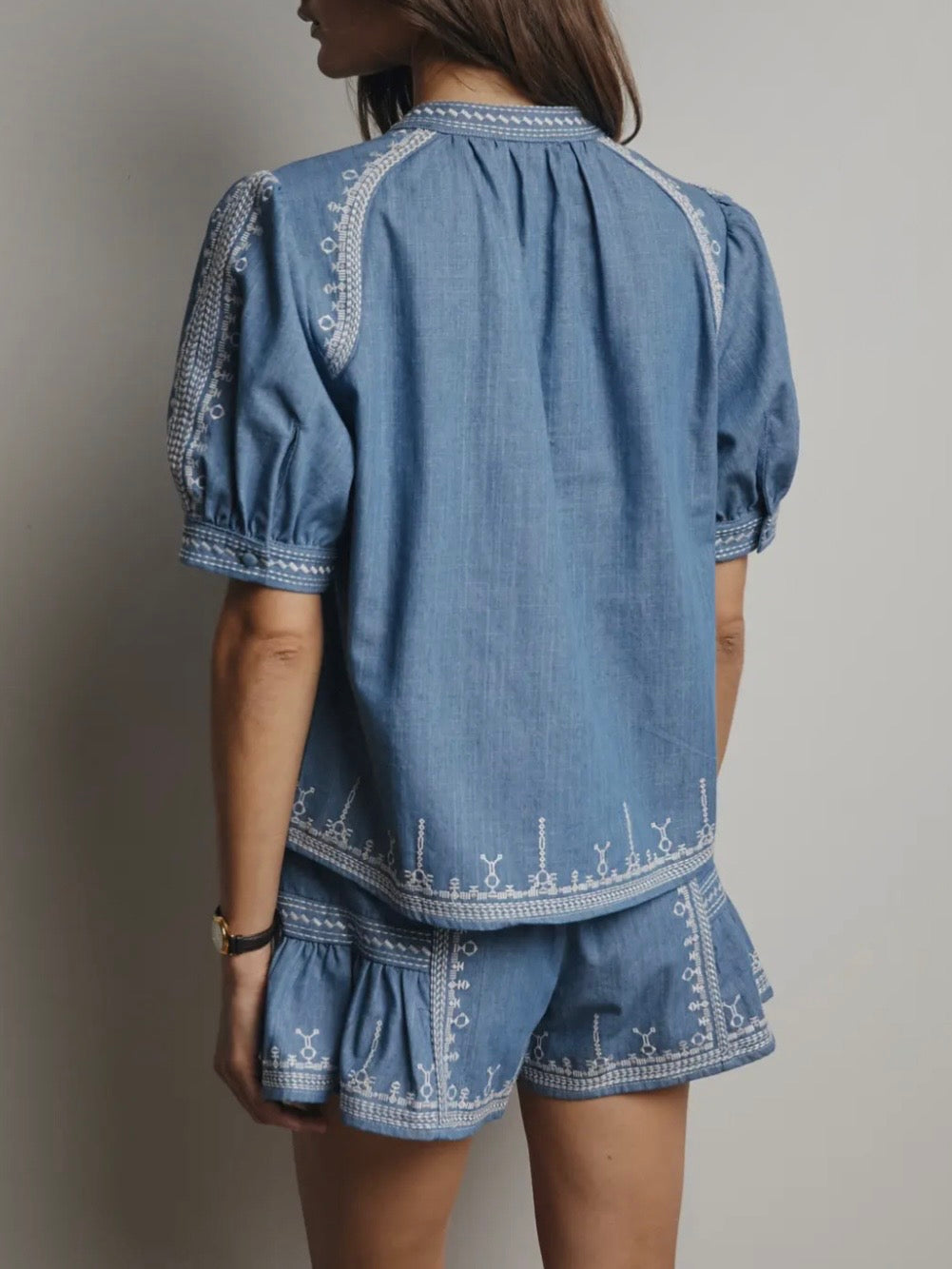 Denim Embroidered Blouse With Bead Detail set shorts pants