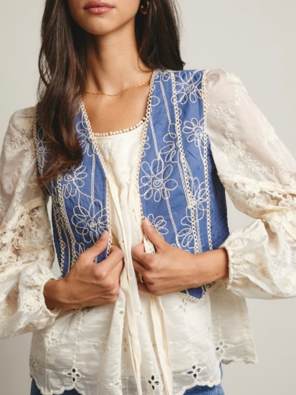 Blue floral Detail Tailored Denim Vest Top