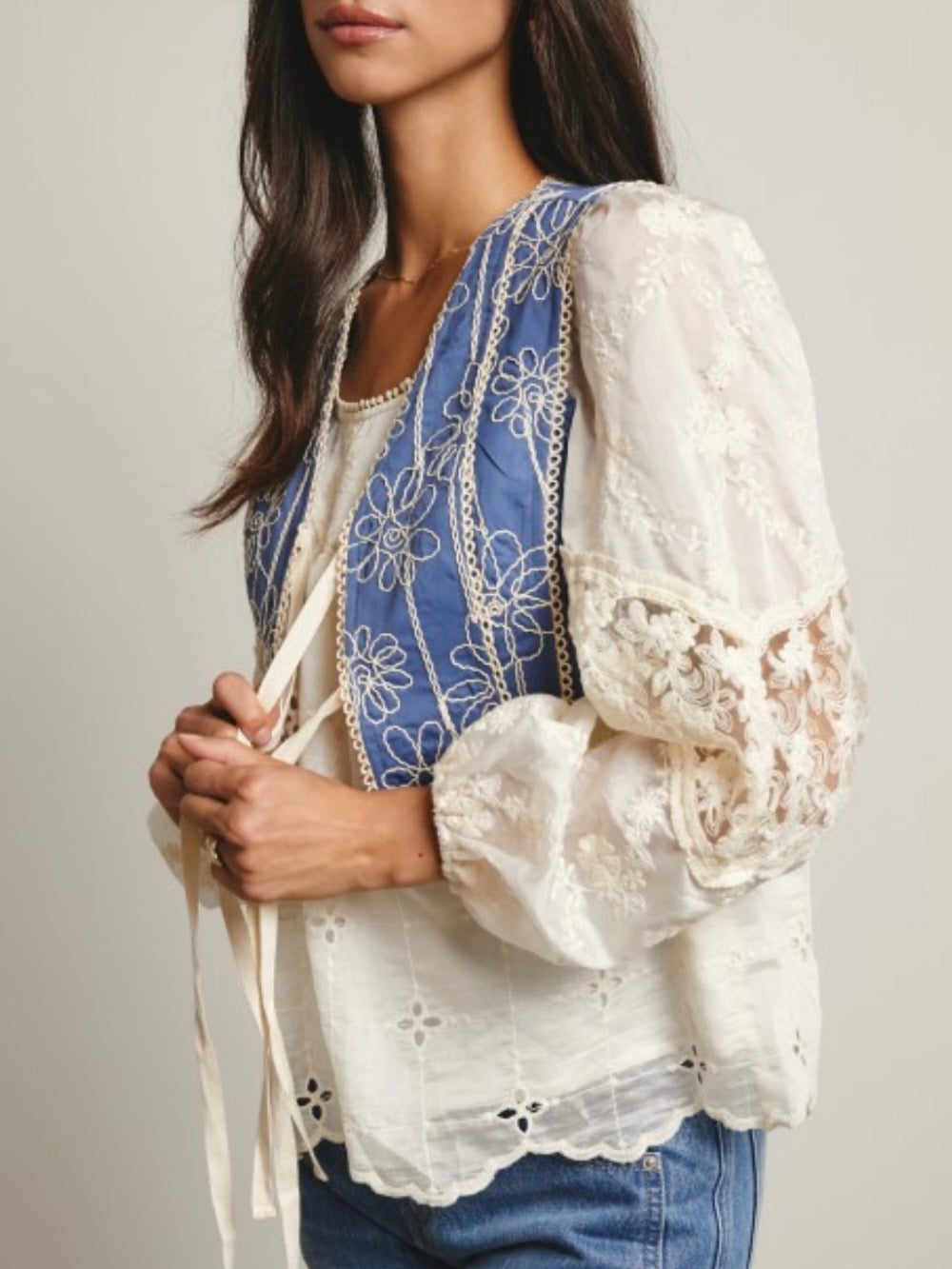 Blue floral Detail Tailored Denim Vest Top