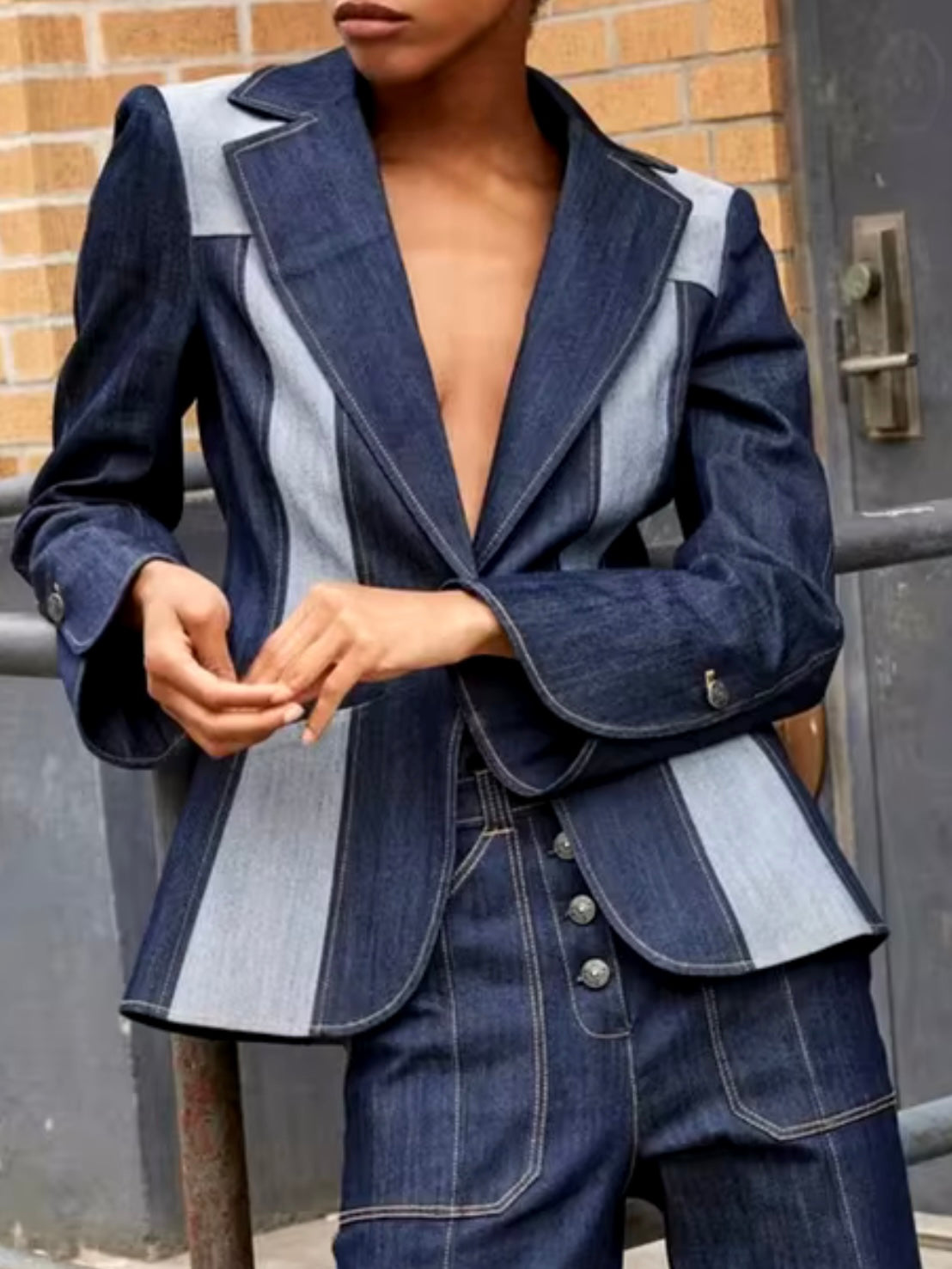 Dark blue and light blue patched set of 2 jacket and pants