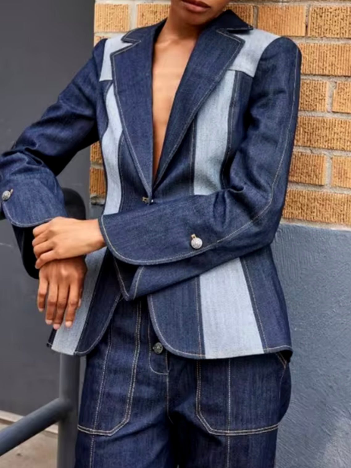 Dark blue and light blue patched set of 2 jacket and pants