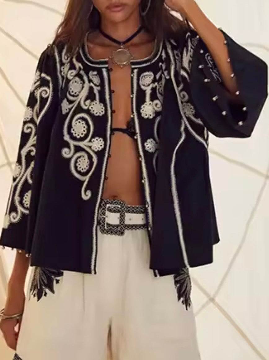 Black embroidered floral shirt