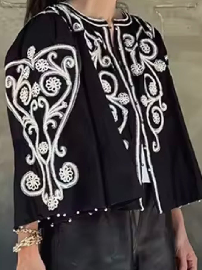 Black embroidered floral shirt