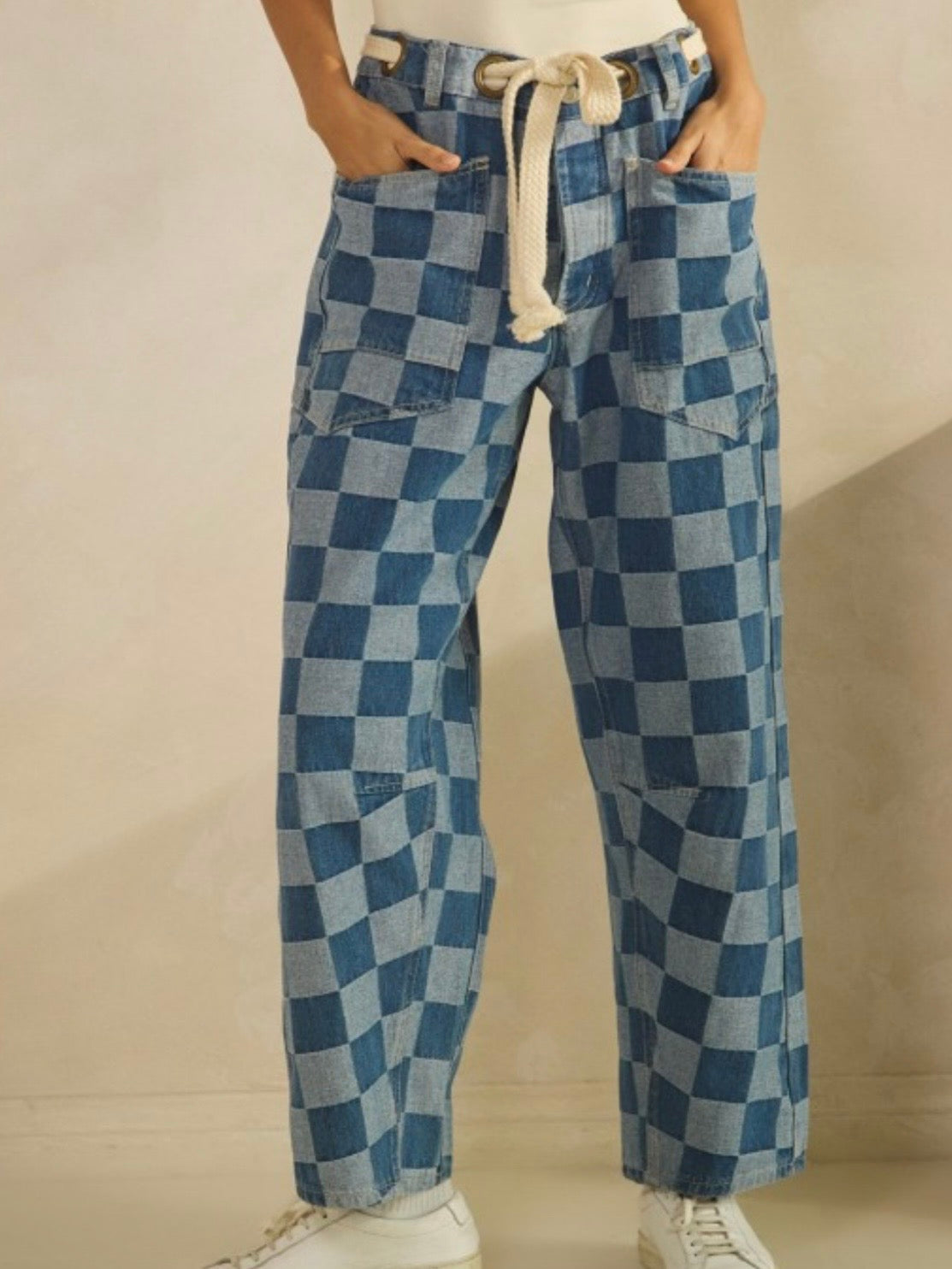 Blue tones checkered print Pattern Barrel Pants