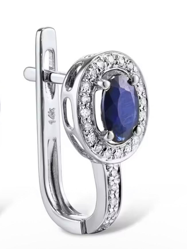 White gold / Rose gold 14k sparkling diamonds and blue oval sapphire earrings