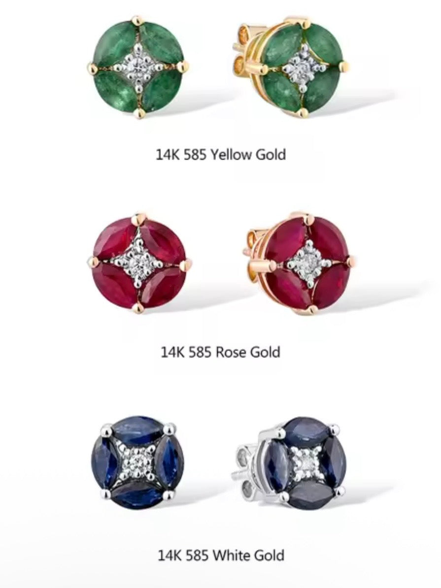 Blue / Green / Red 14k 585 gold studded earrings