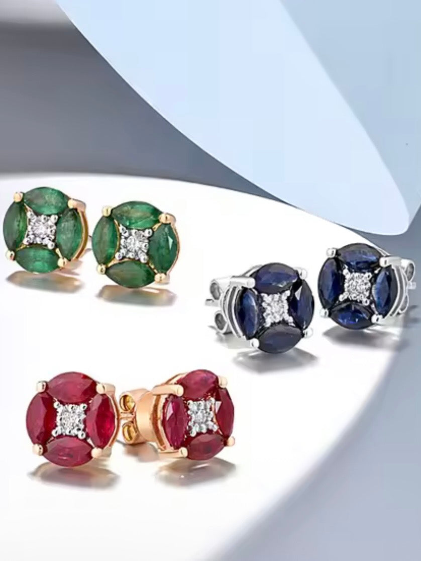 Blue / Green / Red 14k 585 gold studded earrings
