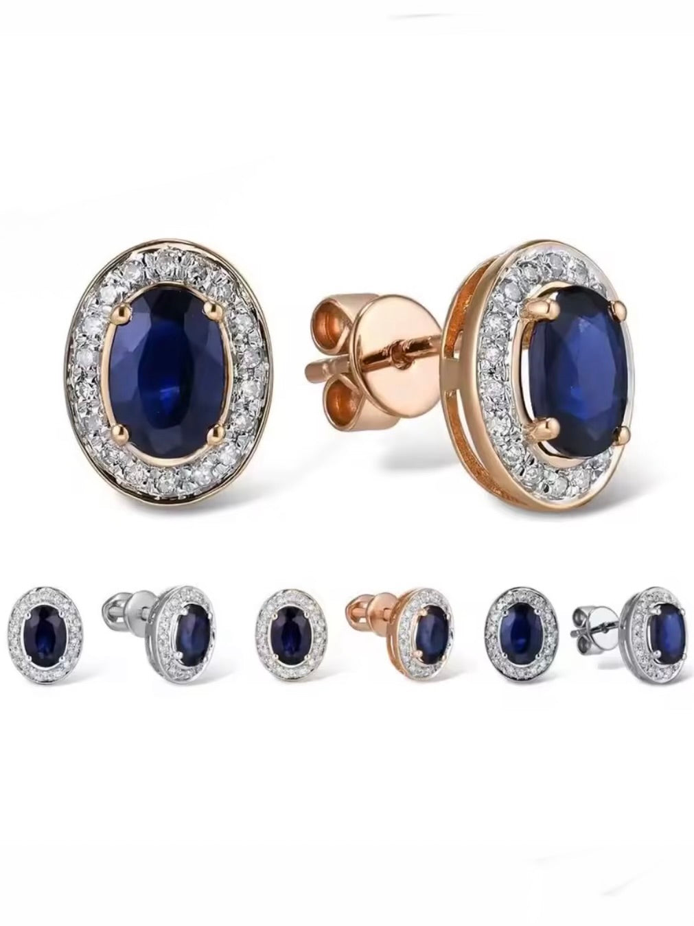 White gold / Rose gold 14k sparkling diamonds and blue oval sapphire stud earrings