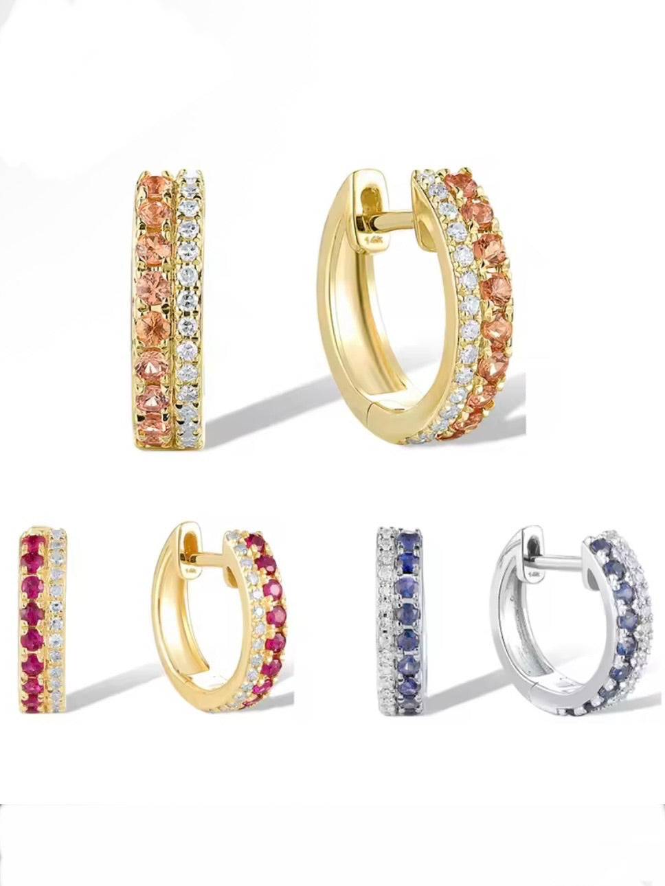 Two tones gold 14k sparkling ruby sapphire / diamonds hoop earrings