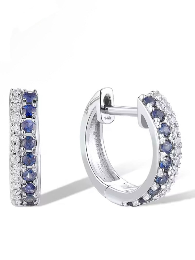 Two tones gold 14k sparkling ruby sapphire / diamonds hoop earrings