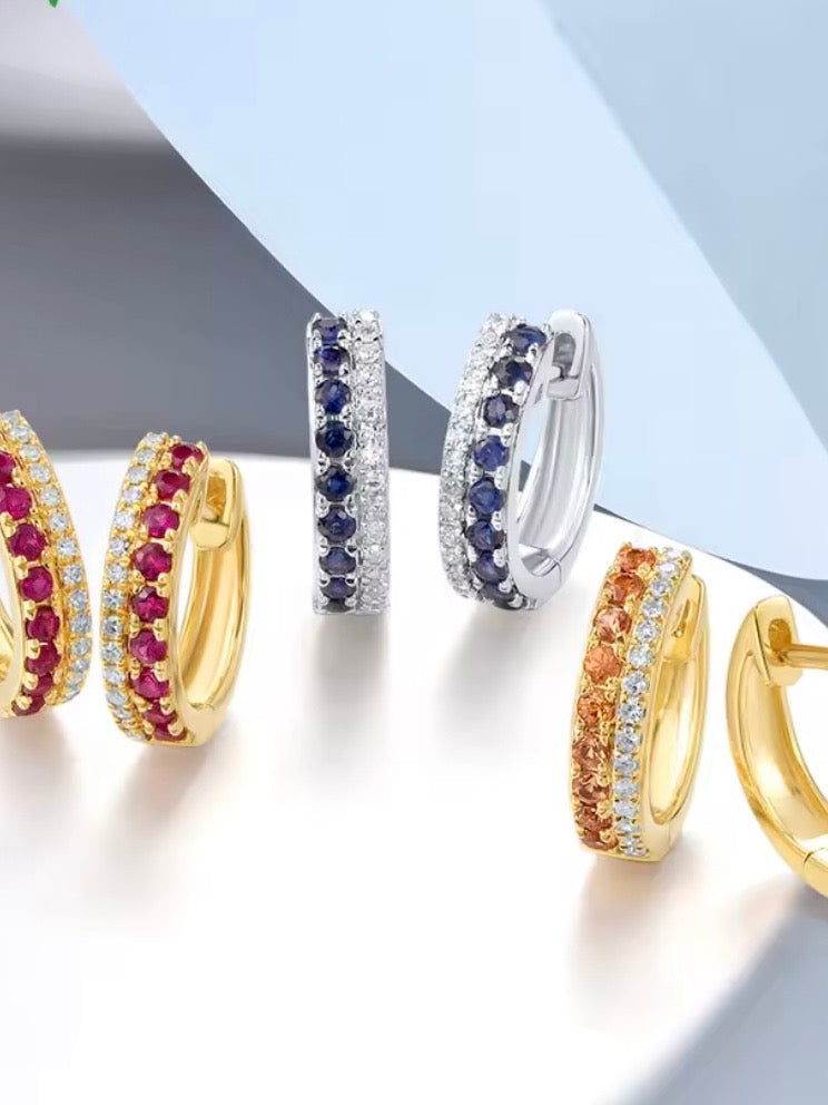 Two tones gold 14k sparkling ruby sapphire / diamonds hoop earrings