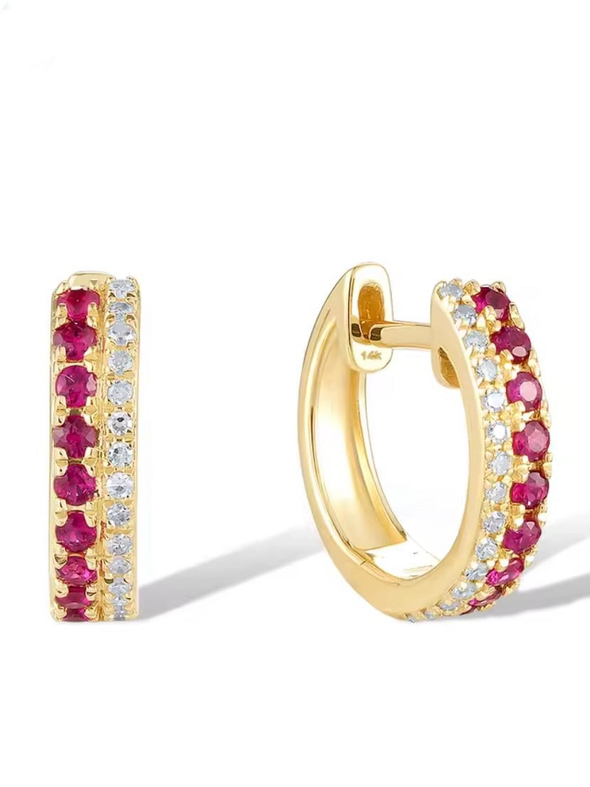 Two tones gold 14k sparkling ruby sapphire / diamonds hoop earrings