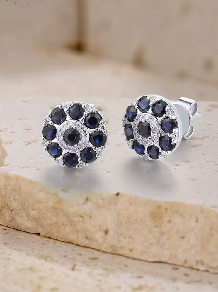 White gold 14k sparkling diamonds and blue sapphire stud earrings