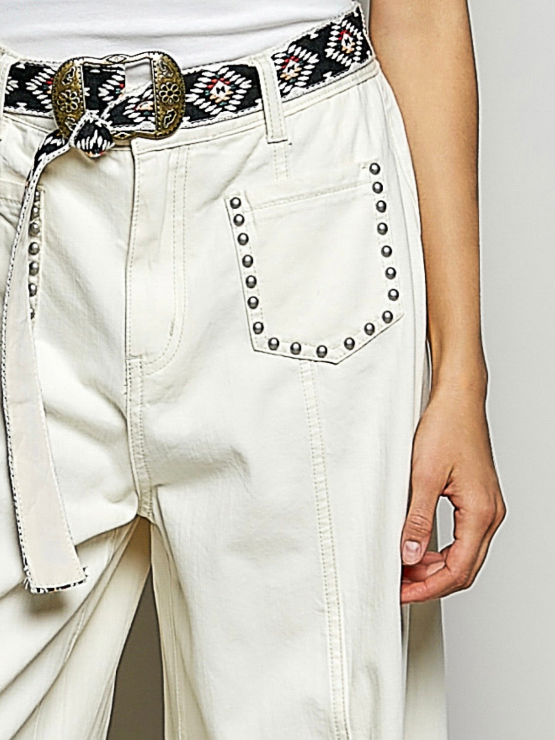 Beige natural studded wide leg jeans pants