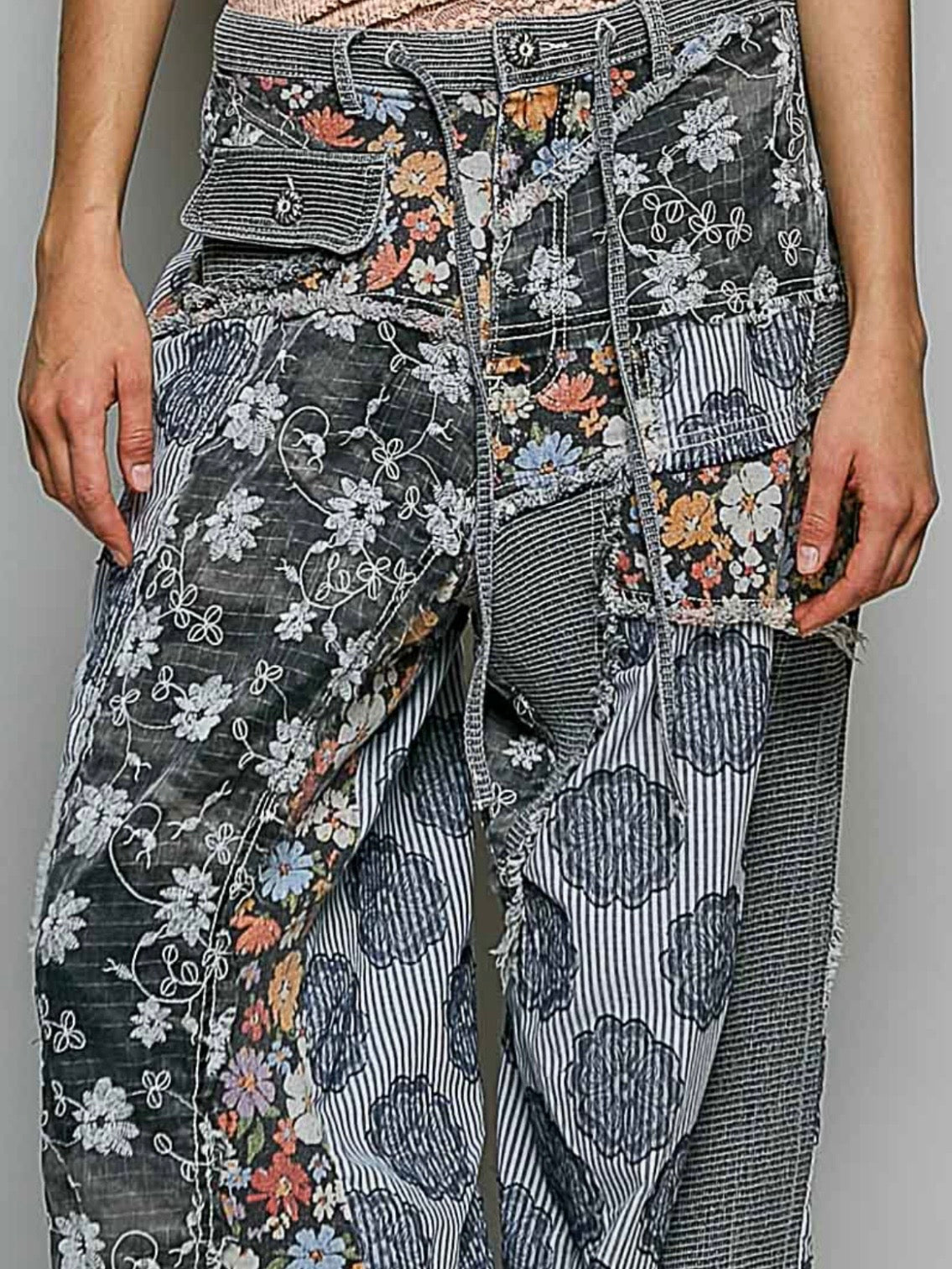 Grey striped florals print patched joggers pants
