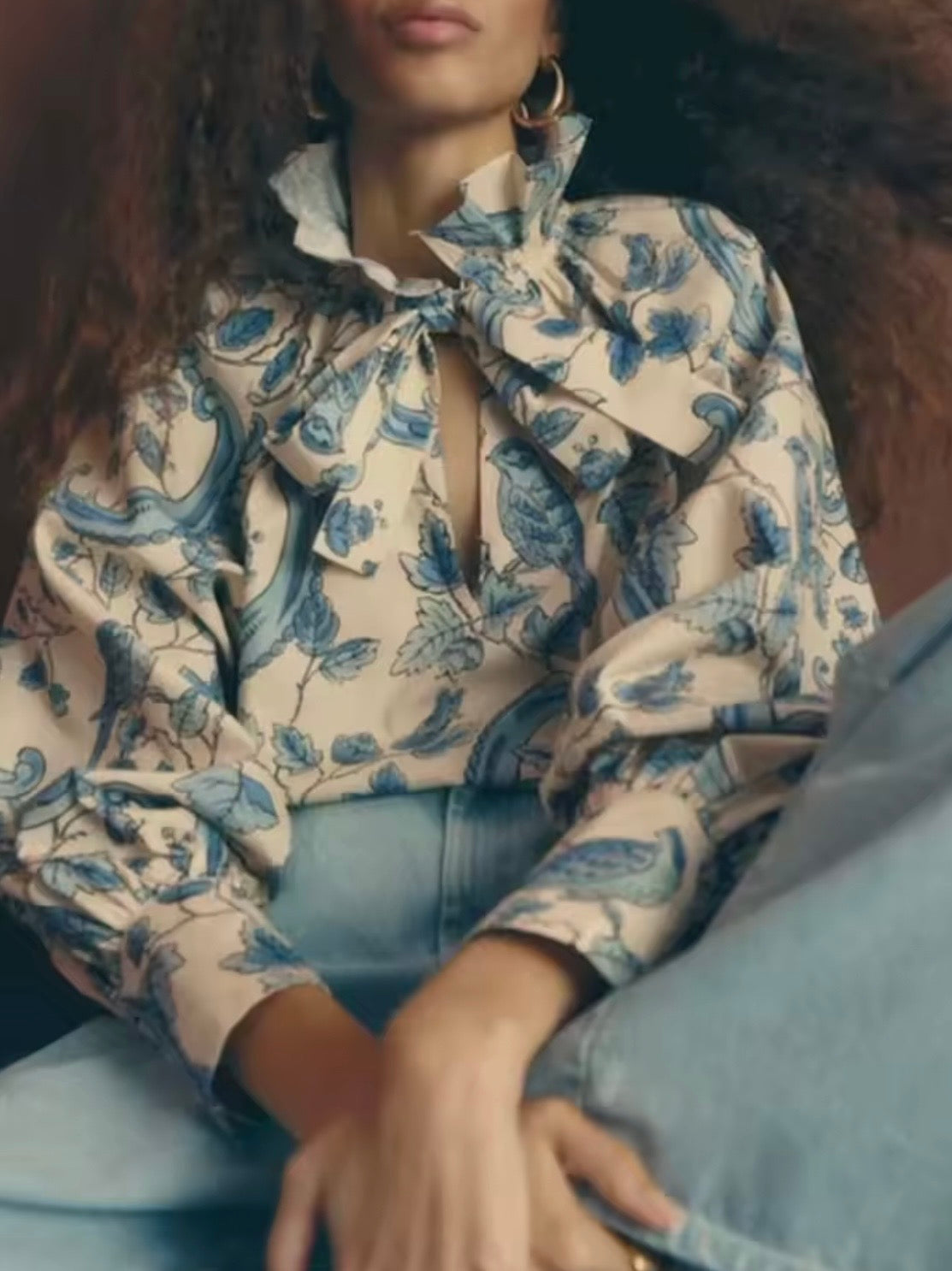 Beige and light blue floral printed high neck ruffled shirt