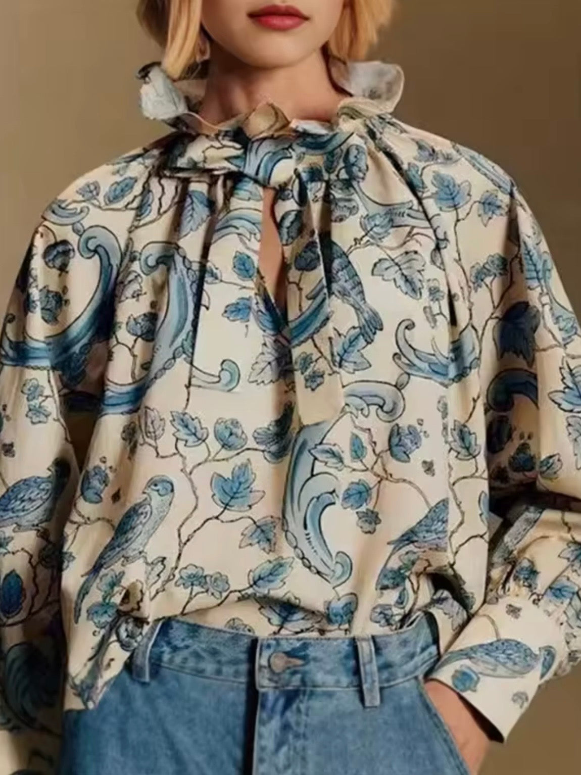 Beige and light blue floral printed high neck ruffled shirt