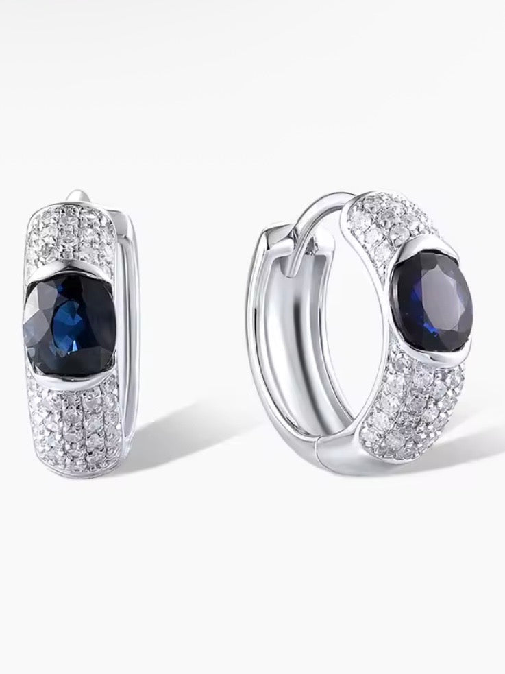 White gold 14k sparkling diamonds and blue oval sapphire loop earrings
