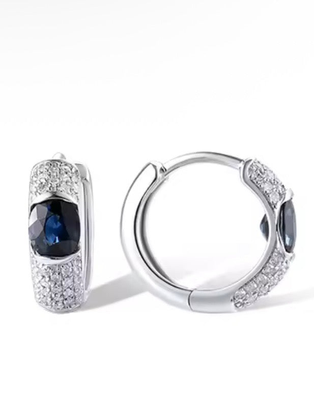 White gold 14k sparkling diamonds and blue oval sapphire loop earrings