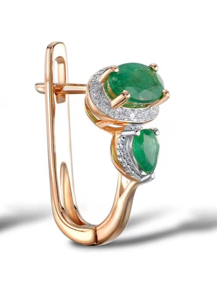 Rose Gold sparkling diamonds and green emeralds loop earrings