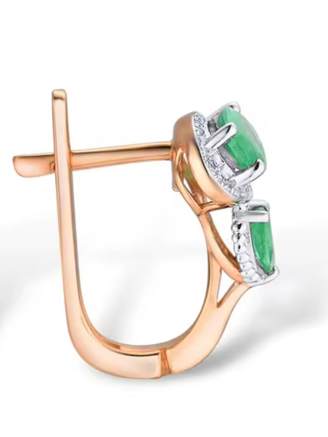 Rose Gold sparkling diamonds and green emeralds loop earrings